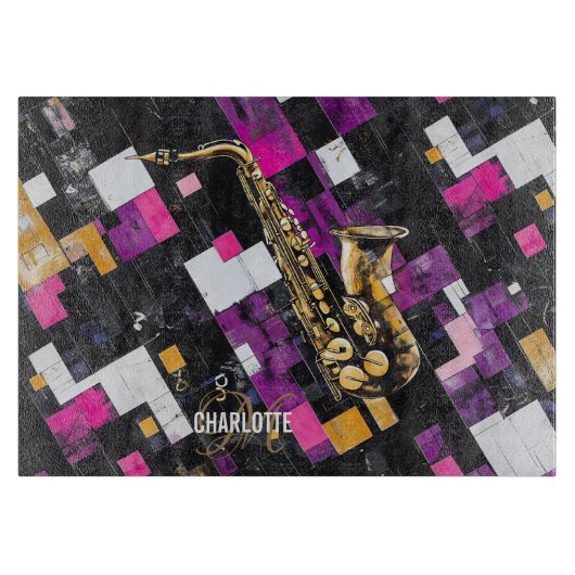 Kleurrijk saxofoon patroon monogram naam snijplank (Voorkant)