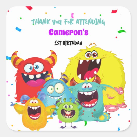 Kleurrijk Schattige Leuk Monster Verjaardagsfeest Vierkante Sticker (Voorkant)