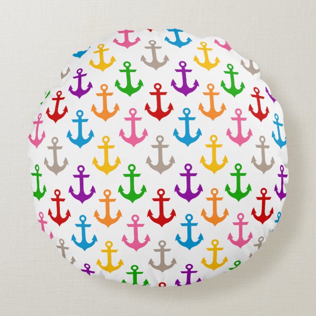 Kleurrijk scheepsankerontwerp wit  rond kussen (Voorkant)