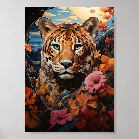 Kleurrijk schilderij met tijger en bloemen bij zon poster (Voorkant)