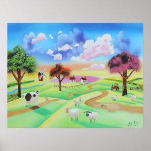 Kleurrijk schilderij van koe en schaap Gordon Bruc Poster