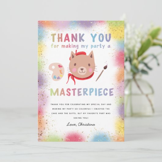 Kleurrijk Schilderij Verjaardagsfeestje Kitty Cat Bedankkaart (Staand voorkant)