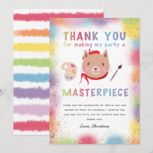 Kleurrijk Schilderij Verjaardagsfeestje Kitty Cat Bedankkaart (Voorkant / Achterkant)