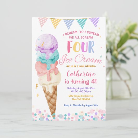 Kleurrijk Schreeuwen we Vier IJs Vierde Verjaardag Kaart (Staand voorkant)