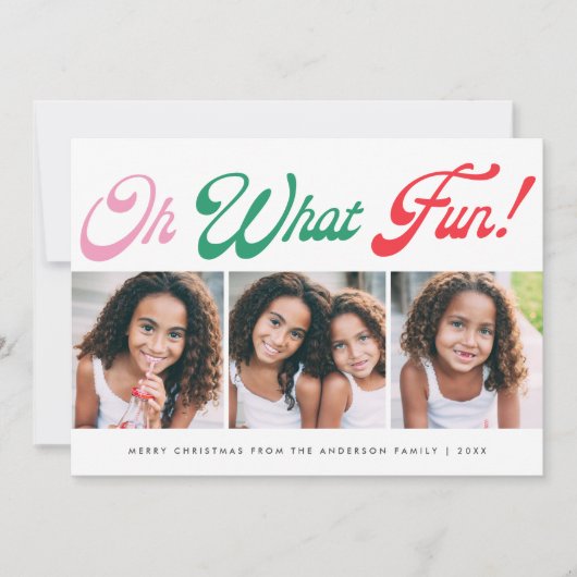 Kleurrijk schrift O wat leuk! 3-foto kerstkaart (Voorkant)