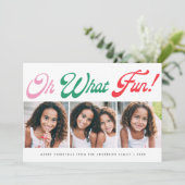 Kleurrijk schrift Wat een pret! 3-foto kerstkaart (Staand voorkant)