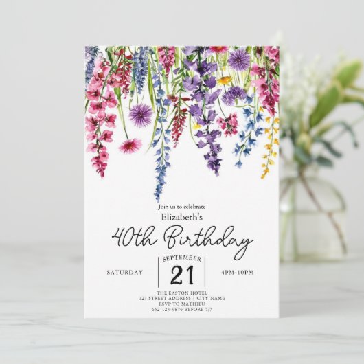 Kleurrijk Script Wildflowers 40ste verjaardag Kaart (Staand voorkant)