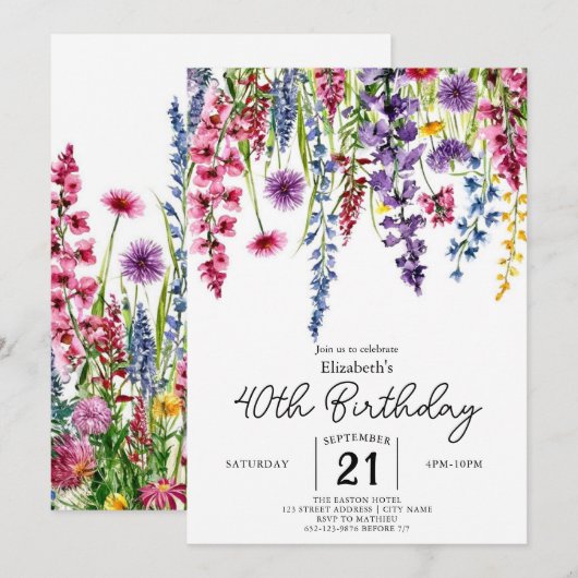 Kleurrijk Script Wildflowers 40ste verjaardag Kaart (Voorkant / Achterkant)