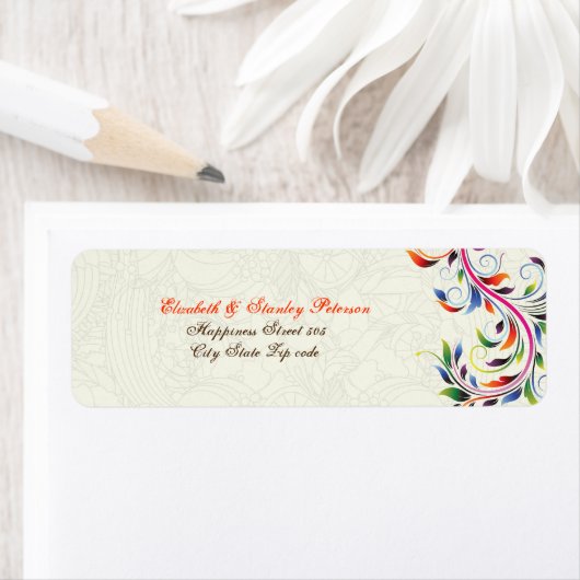 Kleurrijk scroll blad op ecru bruiloft label (Insitu)