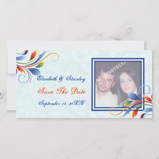 Kleurrijk scrollblad bleek blauw Save the Date (Voorkant)