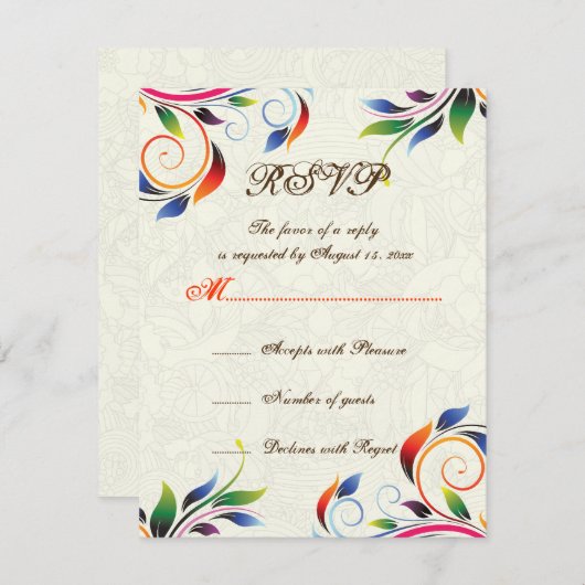 Kleurrijk scrollblad op ecru bruiloft RSVP-kaart RSVP Kaartje (Voorkant / Achterkant)