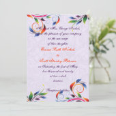Kleurrijk scrollblad op paarse huwelijksuitnodigin kaart (Staand voorkant)