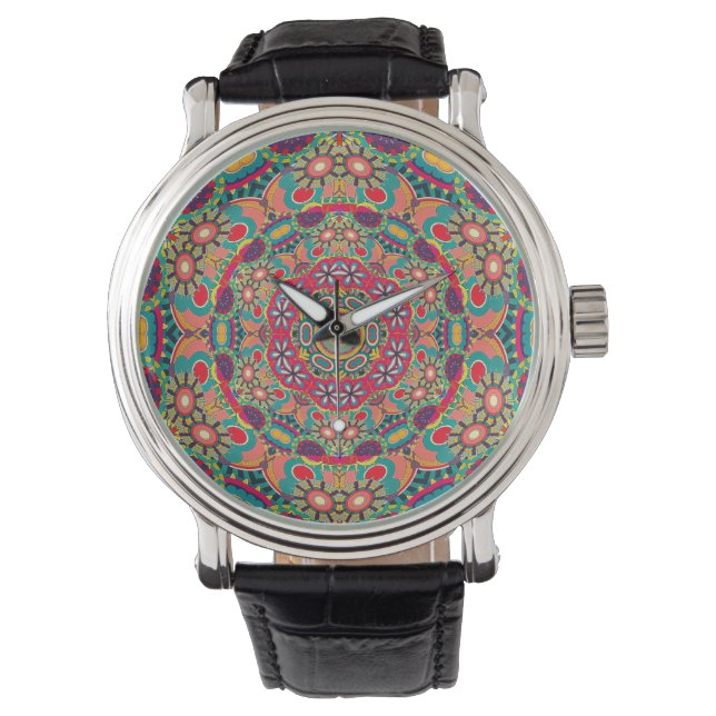 Kleurrijk Sierlijk Kaleidoscoop Mandala Patroon Horloge (Voorkant)