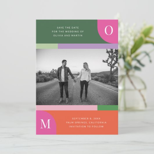 Kleurrijk Sinaasappel en Roze Bold Bright Save The Save The Date (Staand voorkant)