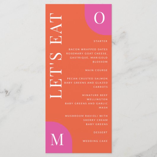 Kleurrijk Sinaasappel en roze bruiloft vet helder Menu (Voorkant)