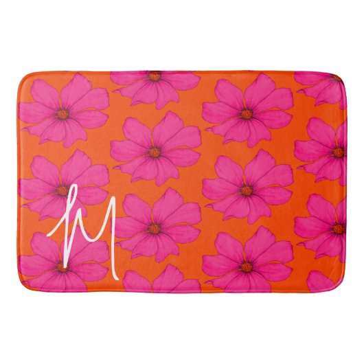 Kleurrijk Sinaasappel Roze Bloemen Modern Monogram Badmat (Voorkant)