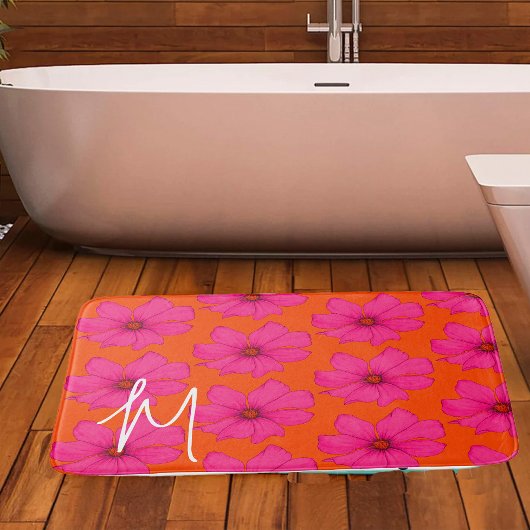 Kleurrijk Sinaasappel Roze Bloemen Modern Monogram Badmat