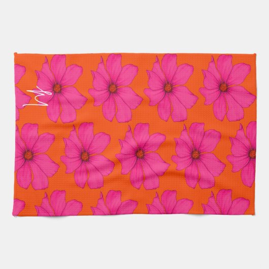 Kleurrijk Sinaasappel Roze Bloemen Modern Monogram Theedoek (Horizontaal)