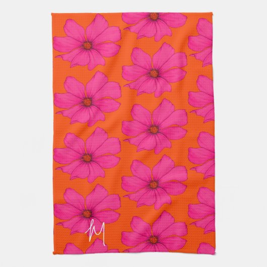 Kleurrijk Sinaasappel Roze Bloemen Modern Monogram Theedoek (Verticaal)