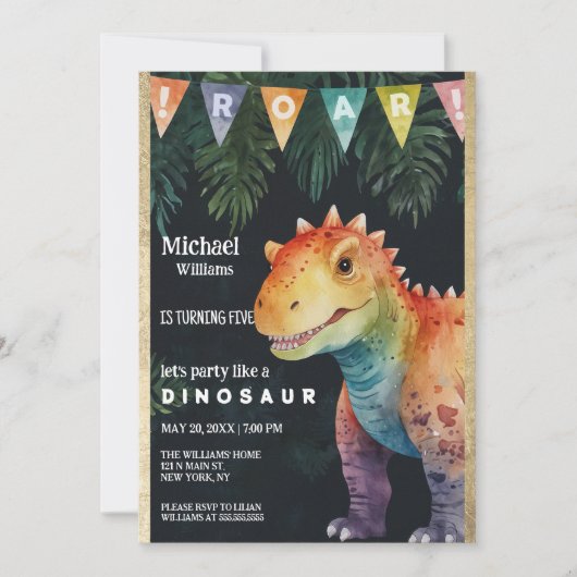 Kleurrijk Sinaasappel Zwart Dino Banner Verjaardag Kaart (Voorkant)