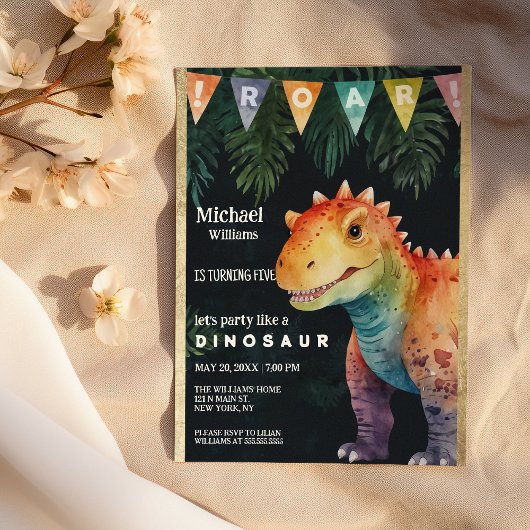 Kleurrijk Sinaasappel Zwart Dino Banner Verjaardag Kaart