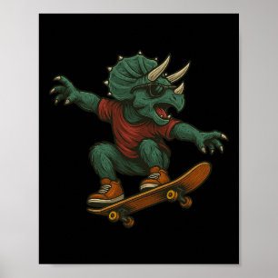 Kleurrijk Skateboardende Triceratops Dinosaurus On Poster