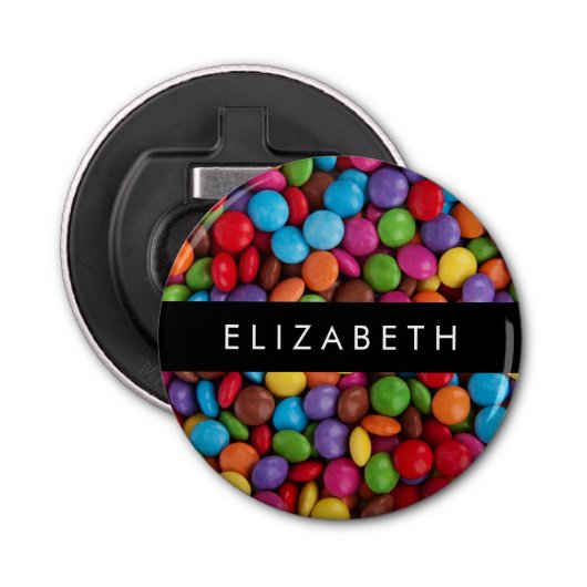 Kleurrijk Snoep, Buttonnen van Snoepjes, zoet, Jou Button Flesopener (Voorkant)