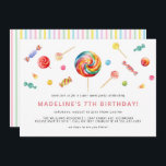 Kleurrijk Snoep | Regenboog Lollipop Verjaardagsfe Kaart<br><div class="desc">Leuke verjaardagsfeestuitnodiging met een verscheidenheid aan kleurrijke snoepjes langs de bovenkant. Kan worden gewijzigd naar elke leeftijd. De achterkant heeft een regenboogstreeppatroon.</div>