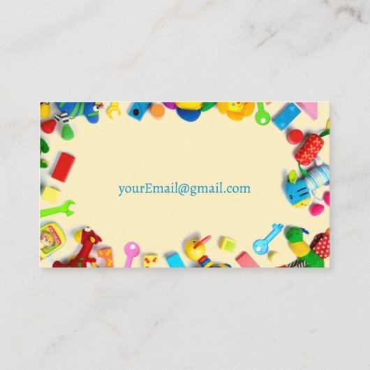 Kleurrijk speelgoed Babysitting Visitekaartjes (Achterkant)