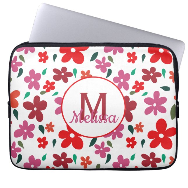 Kleurrijk speels minimalistisch bloemmonogram laptop sleeve (Voorkant)