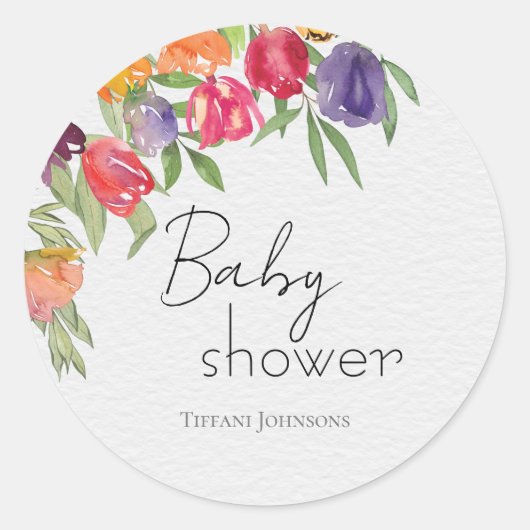 Kleurrijk Springtime Tulpen-thema Baby shower Ronde Sticker (Voorkant)