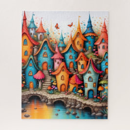 Kleurrijk sprookjesdorp aan het water legpuzzel