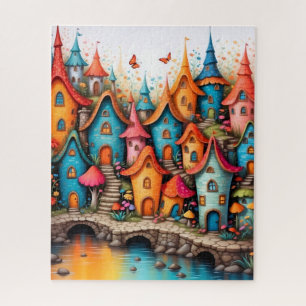Kleurrijk sprookjesdorp aan het water legpuzzel