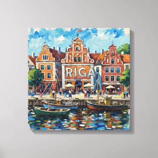Kleurrijk stadsgezicht van de waterkant van Riga o Canvas Afdruk (Voorkant)