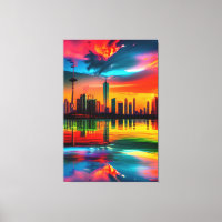 Kleurrijk stadslandschap kunst bij zonsondergang  