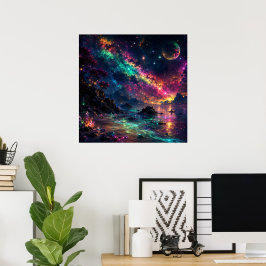 Kleurrijk sterrenstelsel Neon ruimte Regenboog nev Poster