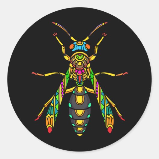 Kleurrijk-Stinger-Bee-Mandala-Arts-Geïsoleerd-Zwar Ronde Sticker (Voorkant)