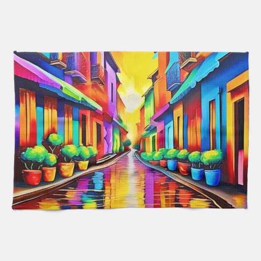 Kleurrijk straatbeeld Kunst Theedoek (Horizontaal)