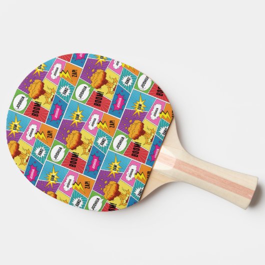 Kleurrijk stripboek Gepersonaliseerde naam Pop Art Tafeltennisbatje (Zijkant)