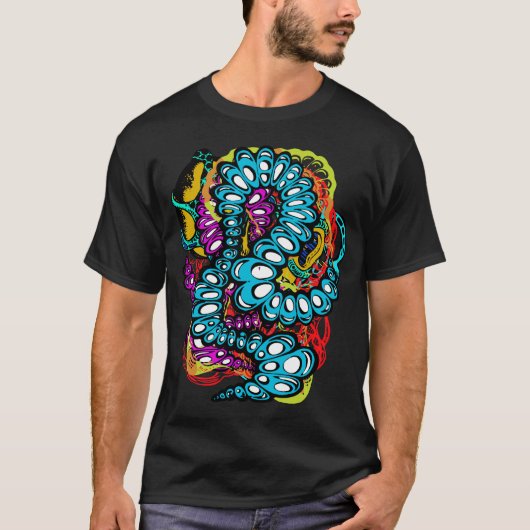 Kleurrijk Surrealistisch Abstract Caterpillar Desi T-shirt (Voorkant)