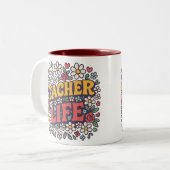 Kleurrijk Teacher Life Mok – Retro Bloemendesign v (Voorkant links)