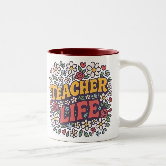 Kleurrijk Teacher Life Mok – Retro Bloemendesign v (Rechts)
