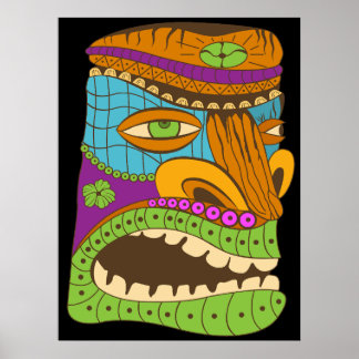 Kleurrijk Tiki-hoofd in exotische stemming, Zwart Poster