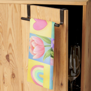 Kleurrijk trendy bloemmotief met dambordpatroon theedoek
