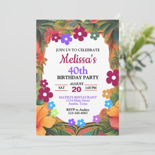 Kleurrijk Tropisch Bloemen Verjaardagsfeest Kaart (Staand voorkant)