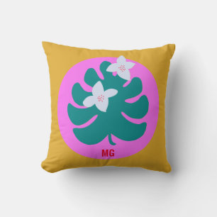 Kleurrijk tropisch bloemend modern monogram roze kussen