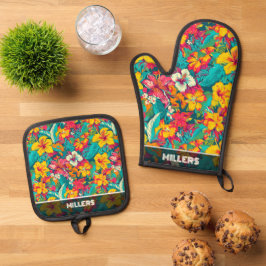 Kleurrijk Tropisch Bloemenpatroon Ovenwant & Pannenlap Set