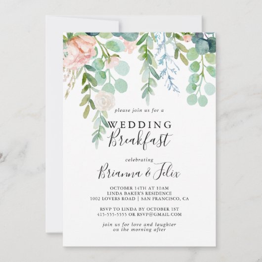 Kleurrijk tropisch bloemig bruiloft ontbijt kaart (Voorkant)