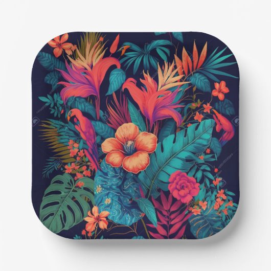Kleurrijk tropisch flessenpatroon papieren bordje (Voorkant)