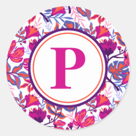 Kleurrijk, Tropisch Floral Patroon, Uw Initiaal Ronde Sticker